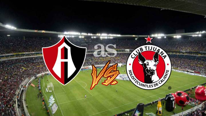 Logotipos atlas-vs-tijuana sobre um campo de futebol.