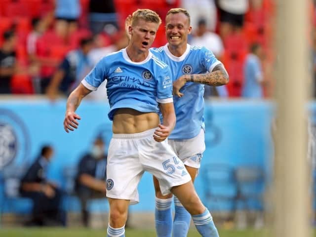 New York City FC midfielder Keaton Parks celebrates his goal with defender Gudmundur Thórarinsson on June 27, 2021