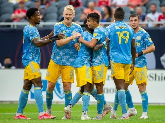 Philadelphia Union midfielder Quinn Sullivan celebrates his goal with teammates on June 27, 2021